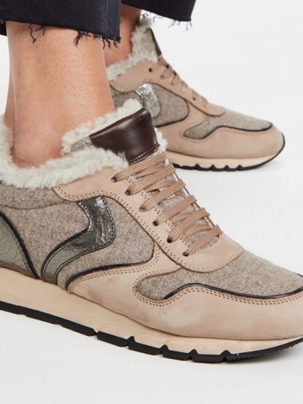 Voile Blanche Taupe and Brown Suede Shearling-Lined Sneakers